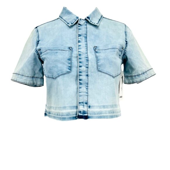 NEW HUDSON Girl Blue Crop Shirt Short Sleeve Raw Hem Snap Button Size Large - Picture 5 of 12
